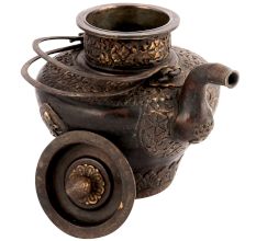 Brass Copper Teapot with Engraved Scrolls and Flower Motifs