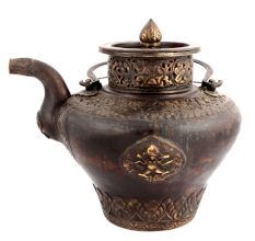Brass Copper Teapot with Engraved Scrolls and Flower Motifs