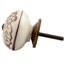 Cream Brown Leaf Flower Etched Ceramic Knob
