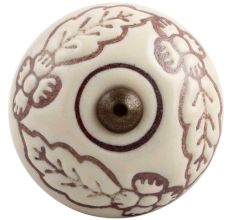 Cream Brown Leaf Flower Etched Ceramic Knob