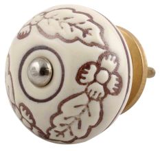 Cream Brown Leaf Flower Etched Ceramic Knob