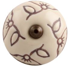 Cream Calla Lily Brown Etched Ceramic Dresser Knob