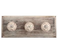 Cream Brown Leaf Flower Etched Ceramic Wooden Hooks