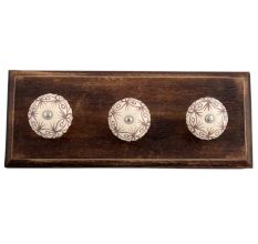 Cream Brown Floral Etched Ceramic Wooden Hooks
