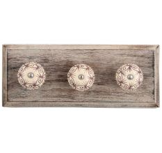 Cream Brown Floral Etched Ceramic Wooden Hooks