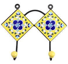 Yellow Navy Blue Floral Tiles Hooks