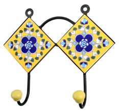 Yellow Navy Blue Floral Tiles Hooks