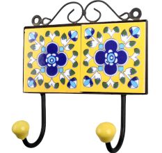 Yellow Navy Blue Floral Tiles Hooks