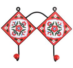 Red White Floral Tiles Hooks