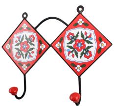 Red White Floral Tiles Hooks