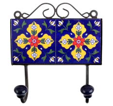 Navy Blue Yellow Floral Tiles Hooks