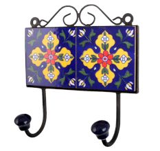 Navy Blue Yellow Floral Tiles Hooks