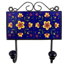 Navy Blue Yellow Floral Tiles Hooks