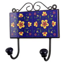 Navy Blue Yellow Floral Tiles Hooks