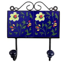 Navy Blue Light Green Floral Tiles Hooks