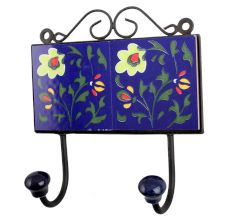 Navy Blue Light Green Floral Tiles Hooks