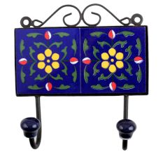 Navy Blue Yellow Floral Tiles Hooks