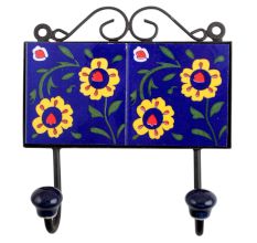 Navy Blue Yellow Floral Tiles Hooks