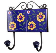 Navy Blue Yellow Floral Tiles Hooks