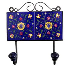 Navy Blue Yellow Floral Tiles Hooks
