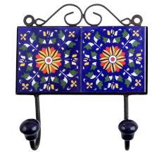 Navy Blue Yellow Floral Tiles Hooks