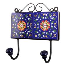 Navy Blue Yellow Floral Tiles Hooks