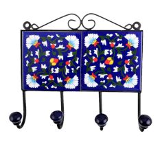 Navy Blue White Floral Tiles Hooks