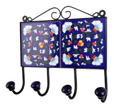 Navy Blue White Floral Tiles Hooks