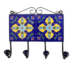 Navy Blue Yellow Floral Tiles Hooks