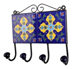 Navy Blue Yellow Floral Tiles Hooks