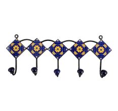 Navy Blue Yellow Floral Tiles Hooks