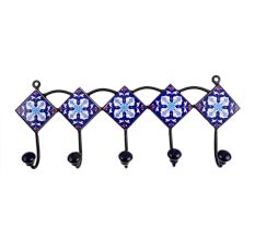 Navy Blue White Floral Tiles Hooks