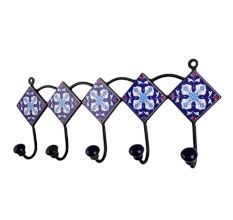Navy Blue White Floral Tiles Hooks