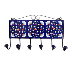 Navy Blue White Floral Tiles Hooks
