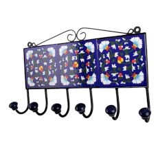 Navy Blue White Floral Tiles Hooks