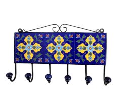 Navy Blue Yellow Floral Tiles Hooks