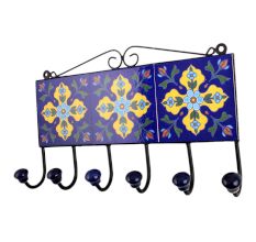 Navy Blue Yellow Floral Tiles Hooks