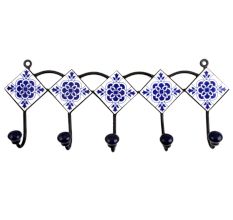 White Navy Blue Floral Tiles Hooks