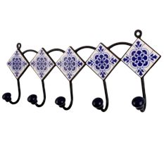 White Navy Blue Floral Tiles Hooks