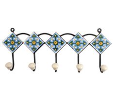Turquoise White Floral Tiles Hooks