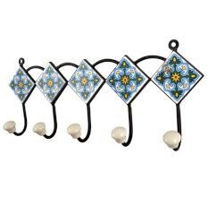 Turquoise White Floral Tiles Hooks