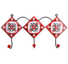 Red White Floral Tiles Hooks