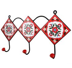 Red White Floral Tiles Hooks