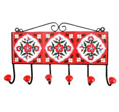 Red White Floral Tiles Hooks
