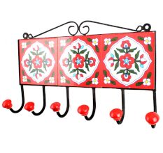 Red White Floral Tiles Hooks
