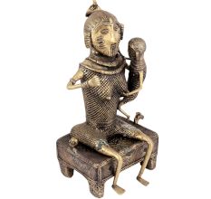 Brass Lady Sitting on Bed Holding Her Child Dhokra Figurine