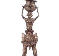Brass Oil Lamp with Bowl Being Held by a Woman on Elephant