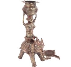 Brass Oil Lamp with Bowl Being Held by a Woman on Elephant
