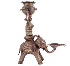 Brass Oil Lamp with Bowl Being Held by a Woman on Elephant