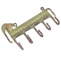 Brass Elephant Five Wall Hooks with Patina